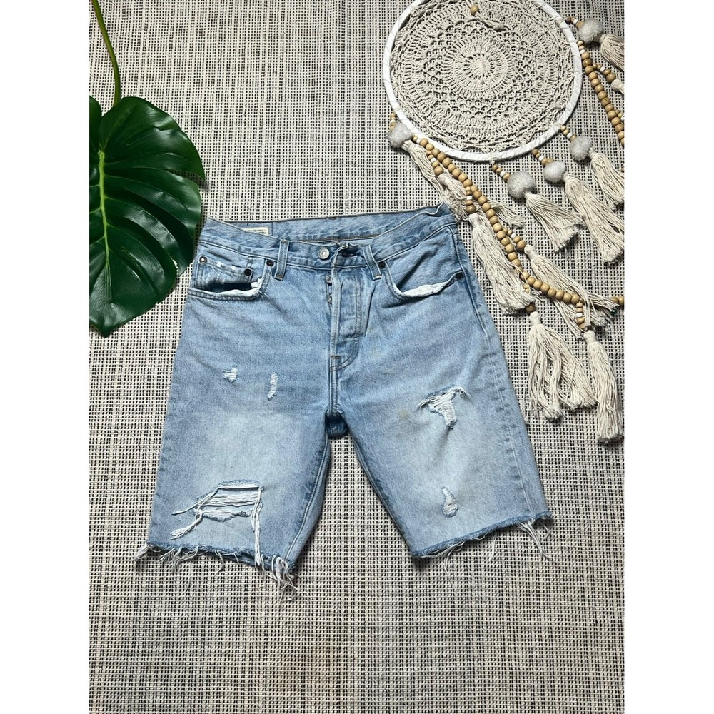Levi’s Premium 501 Light Wash Blue Distressed Raw Hem Bermuda Shorts